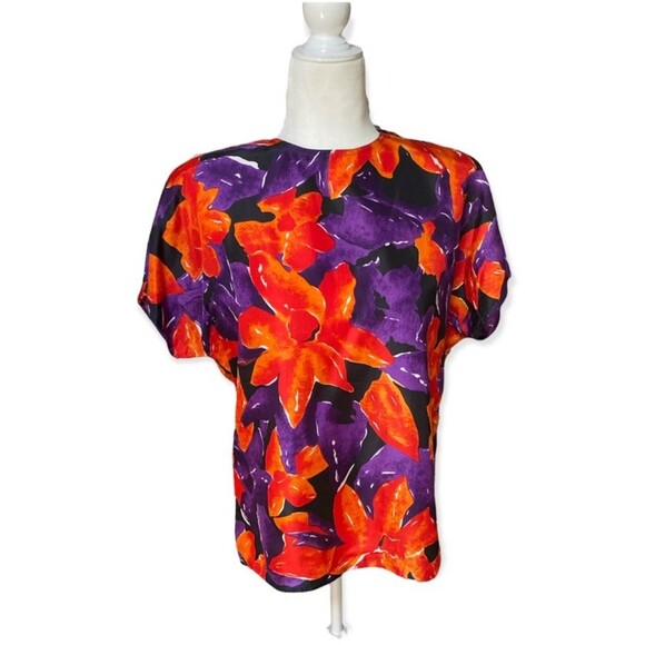 Vtg Schroder 100% Silk Floral Blouse Top Red Purple Orange Black Sz 10 Boho 80s - Picture 5 of 7